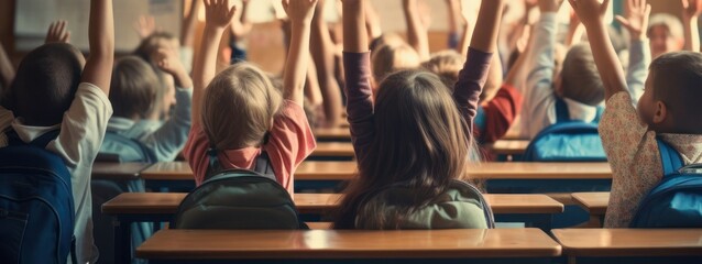 Diverse Children Raising Hands in Classroom Generative AI