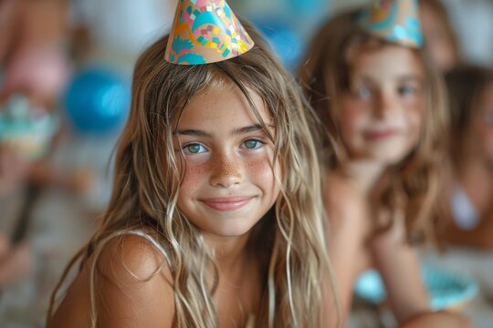 This joyful image captures a young girl with sun-kissed freckles wearing a party hat at a celebration