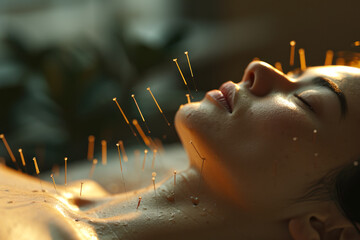 Alternative Medicine Acupuncture Treatment on Woman's Face. - obrazy, fototapety, plakaty