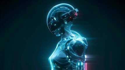 Futuristic Female Robot Standing in Profile with Glowing Neon Lights in a Cinematic Style