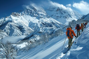 Naklejka na ściany i meble Hikers with backpacks traverse snow-covered slopes in mountain scenery