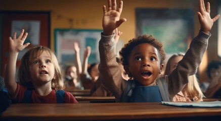 Diverse Group of Children Raising Hands in Classroom Discussion Generative AI - obrazy, fototapety, plakaty