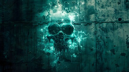 Glowing Teal Skull Adorning a Weathered Wall in a Cinematic Fantasy Digital Art Style