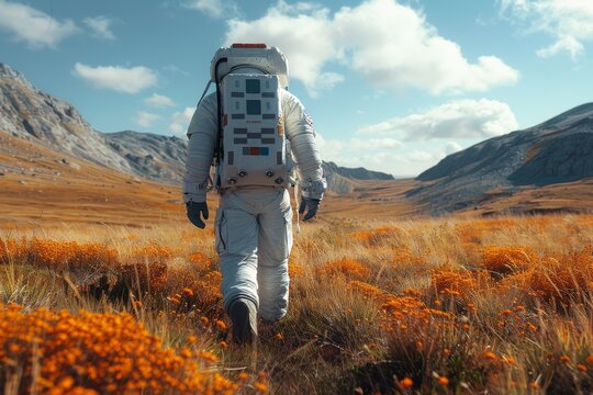 An astronaut in a spacesuit is walking through a field of orange flowers, evoking exploration and surrealism - Powered by Adobe