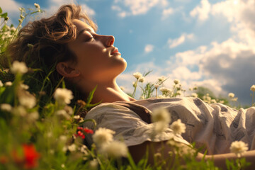Naklejka premium Woman Relaxing in a Flower Field.