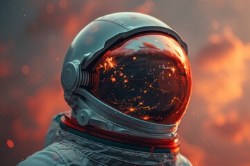 Artistic image showcasing an astronaut's helmet reflecting a fiery orange and red planet against a celestial backdrop