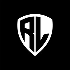 RL monogram logo with bold letters shield shape with black and white color design