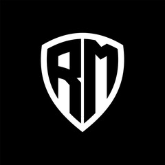 RM monogram logo with bold letters shield shape with black and white color design