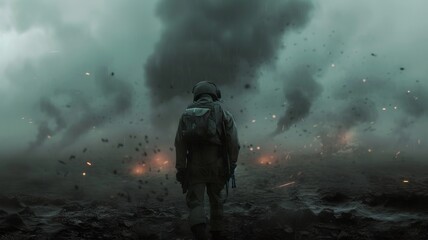artificial intelligence generated image of a war zone with soldiers, has a sad, dark mood, - obrazy, fototapety, plakaty