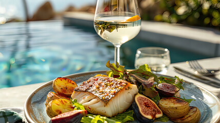 Breakfast with grilled fish steak. Dinner with fish and a glass of white wine while relaxing near the pool.