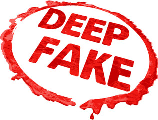 RED CIRCLED DEEPFAKE STAMP, Paint, Round, Word, Texture, Pattern, Isolated. Circular mark with the red text DEEPFAKE. Capital letters.