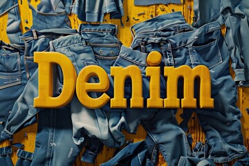 a yellow sign that spells "Denim" resting on a pile of denim fabric 