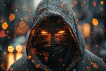 A digital mask with a bright menacing look covers the face of a hooded figure amidst snowflakes - obrazy, fototapety, plakaty