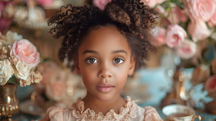 Elegant Child with Curly Hair and Floral Background - obrazy, fototapety, plakaty
