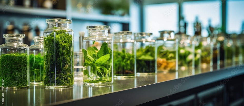 Poster There are multiple glass containers filled with various botanicals and medicinal plants displayed neatly on a countertop
