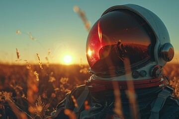 A contemplative astronaut in a field with sunrise reflecting on the visor, illustrating exploration and adventure - obrazy, fototapety, plakaty