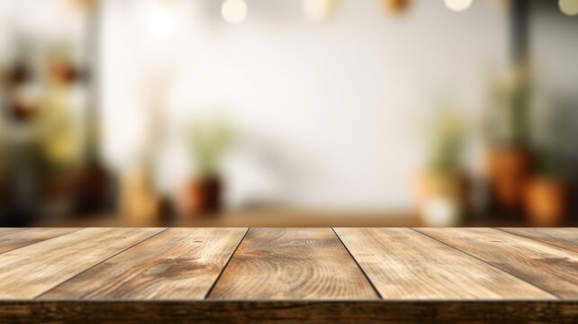 The empty wooden table top with blur background. Exuberant image. generative ai