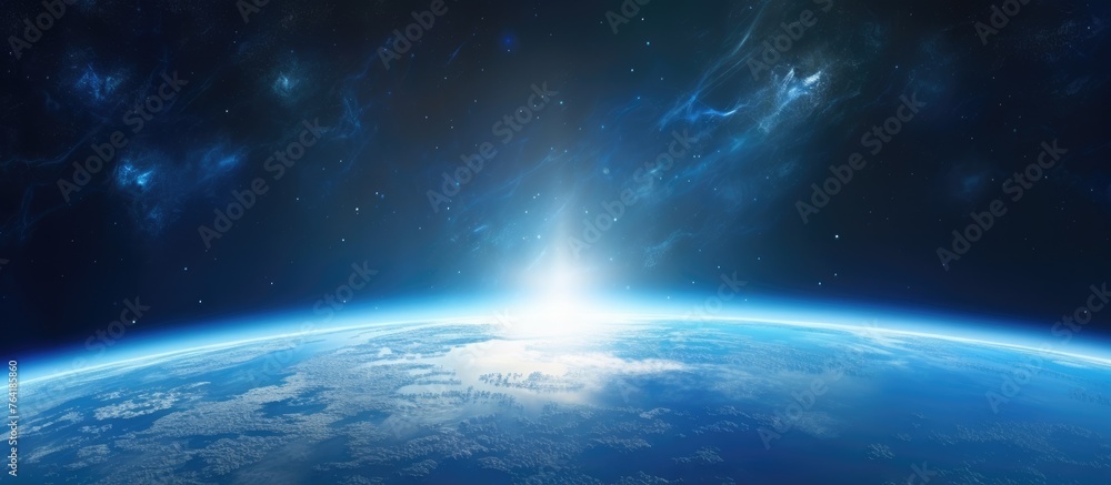 Poster an image showing the earth from space with a radiant light shining over it, illuminating the planet 