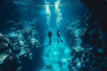A pair of scuba divers are immersed in a surreal deep-sea environment, with beams of light piercing through