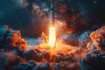 An artistically rendered rocket launching with intense flames, encapsulating the power of space exploration - obrazy, fototapety, plakaty