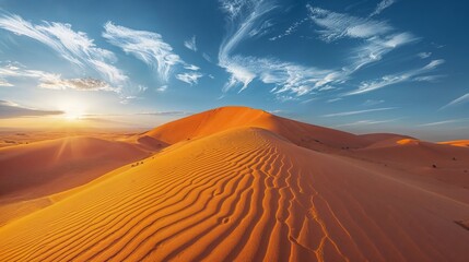 Fototapeta na wymiar Sand dunes in the desert, sun falling, colorful clouds on sky