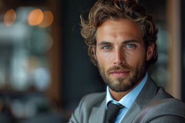 A confident executive with alluring blue eyes and a modern hairstyle presents a combination of style and leadership in a business setting