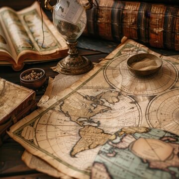 a map of the world and some books