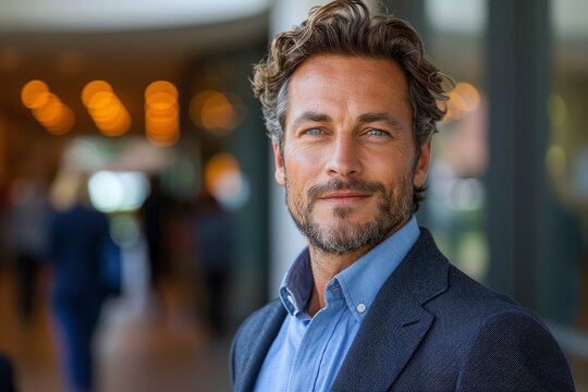 Smiling professional with stylish hair and smart casual attire against a blurred office background signifies approachability