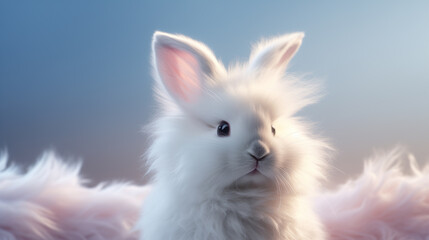 One cute fluffy little rabbit white hare animal close-up sits on a pink blue background. Hare who needs a hairdresser.