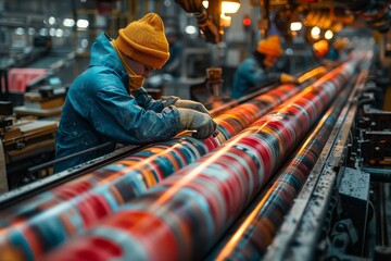 Men in safety gear performing quality control in a factory setting with vibrant pipes moving on the production line - obrazy, fototapety, plakaty