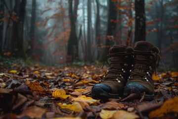 a pair of boots on leaves in the woods