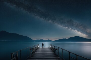 lonely man stand on pier at night on sea background and starry sky - obrazy, fototapety, plakaty