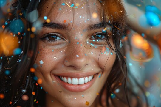 A close-up image of a smiling woman's face covered in confetti, capturing her joy during a festive event