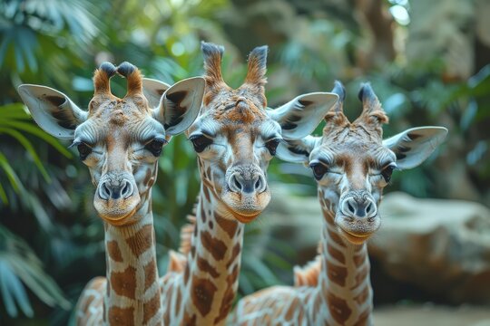 Close-up image capturing the uniqueness and playful nature of three giraffes with detailed facial expressions amidst green vegetation