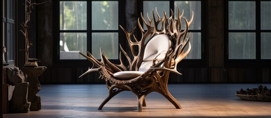 A close up shot of a chair adorned with antlers placed inside a room