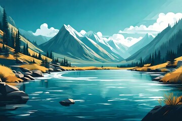 Illustration vector design landscape and nature of mountain and river