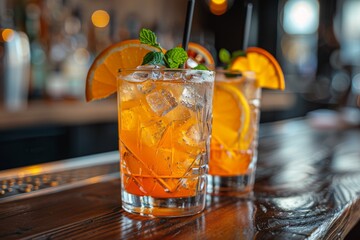 Close-up of a vibrant orange cocktail with citrus garnish and mint leaves, presented on a rustic wooden bar - obrazy, fototapety, plakaty