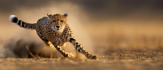 Cheetah running to hunt in the savannah, panoramic wildlife wallpaper with copy space - obrazy, fototapety, plakaty