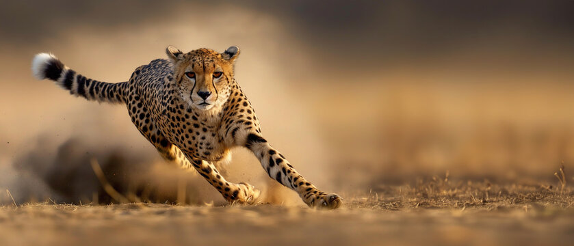 Cheetah running to hunt in the savannah, panoramic wildlife wallpaper with copy space