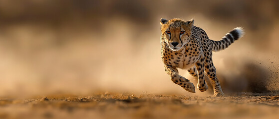 Cheetah sprinting to hunt prey in the savannah, panoramic wildlife wallpaper with copy space