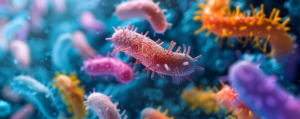 Microscopic bacteria in a human intestine, dancing A variety of colorful microbes harmoniously co-existing in a vibrant world of digestive health Realistic, Soft lighting, Depth of field - obrazy, fototapety, plakaty