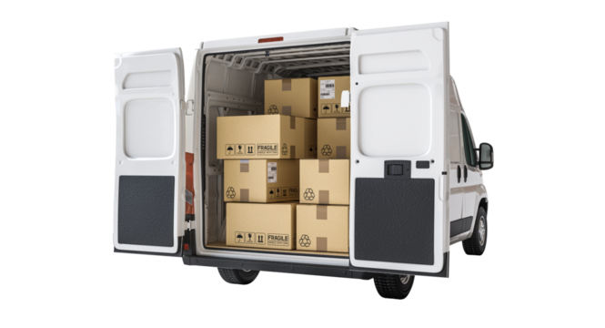 Delivery van loaded with cardboard boxes