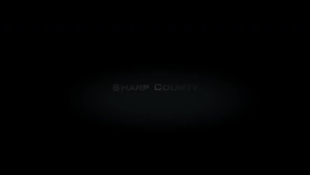 Sharp County 3D title metal text on black alpha channel background