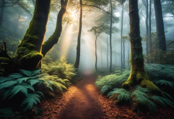 Poster illustration, misty forest landscape foggy atmosphere trees light scenic nature pictures, rays, atmospheric, woods, woodland, haze, tranquil, serene © Yaraslava