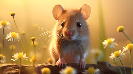Small field mouse, rodent sits on green grass among flowers, close-up