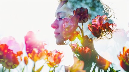 The closeup double exposure picture between young adult beautiful female caucasian human and bright beautiful nature in the morning or evening that the picture stand for peaceful of the life. AIGX01. - obrazy, fototapety, plakaty