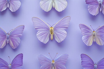 Group of purple butterflies arranged on purple background with white butterfly in the middle