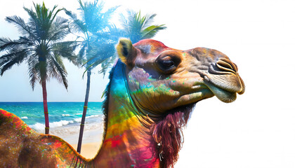 camel, Doppelbelichtung, strand, Dubai, palmen, meer, artwork, close up, neu, kopf, modern, kunst, design, weiss, tier, strand, y2k, 80s, 90s, photo, doppelt, Doppel, lifestyle, design, gestalten,  - obrazy, fototapety, plakaty