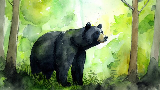 watercolor sketch animation of black bear in green forest. generative ai