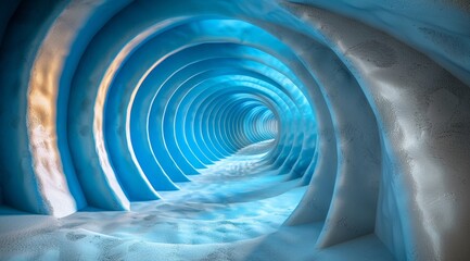Surreal Blue Ice Tunnel with Dynamic Curves